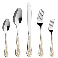 Gold Silverware Set, 20 Piece Stainless Steel Golden Flatware Set for 4, Silver Tableware Set with 24K Gold-Plated Trim, Eating Utensils, Great for Family Gatherings & Daily Use(Prestige)