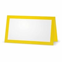 Yellow Place Cards - Flat or Tent - 10 or 50 Pack - White Blank Front with Solid Color Border - Placement Table Name Seating Stationery Party Supplies - Occasion or Dinner Event (10, Tent Style)