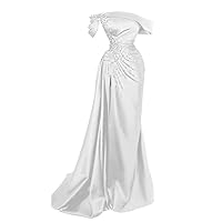 Tsbridal Women Mermaid Beads Prom Dress with Slit Satin Bridesmaid Dresses Long Off The Shoulder Evening Formal Party Gown