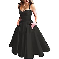 Women's Tea Length Sweetheart Spaghetti Strap Evening Dress Satin with Pockets A Line Prom Dress Black