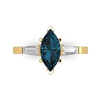 Clara Pucci 2.1 ct Marquise Baguette cut 3 stone Solitaire W/Accent Natural London Blue Anniversary Promise Bridal ring 18K Yellow Gold