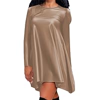 Sexy Faux Leather Baggy Fashion Solid Mini Dress Women's O Necklong Sleeves Irregular Leisure Dress Party Clubwear Plus Size