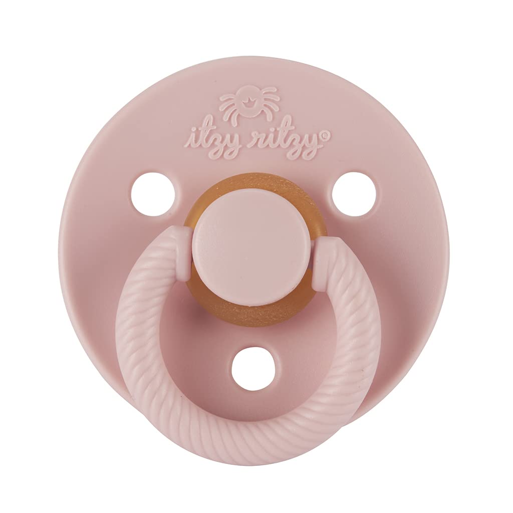 Itzy Ritzy Natural Rubber Pacifiers, Set of 2 – Natural Rubber Newborn Pacifiers with Cherry-Shaped Nipple & Large Air Holes for Added Safety; Set of 2 in Blossom & Rosewood, Ages 0 – 6 Months