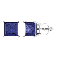 3.0 ct Brilliant Princess Cut Solitaire Genuine Simulated Tanzanite Pair of Stud Earrings Solid 18K White Gold Screw Back