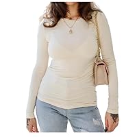 Women's Solid Beige Second Skin Round Neckline Long Sleeves Fitted top