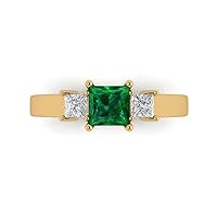 0.92ct Princess cut 3 stone Solitaire with Accent Simulated Green Emerald designer Statement Ring Solid 14k Yellow Gold
