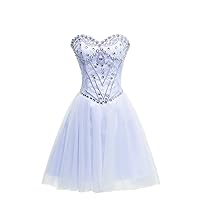 Women's Sweetheart Tulle Short Homecoming Dress Lace Up Crystal Cocktail Dress Light Purple