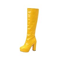 Womens Fall Fashion 2022, Block High Heel Platform Gogo Boots Patent Leather Knee High Sexy Long Booties