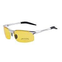 Men's Yellow Night View Vision Polarized HD Sunglasses UV400 Glasses Unbreakable Night Driving Fishing Shooting Sports (Silver Frame77)