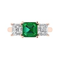 Asscher Cut Emerald Three Stone 925 Sterling Silver In 14K Rose Gold Over Wedding Ring Set for Women