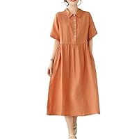 Summer Women's Short Sleeved Linen A-line Dress with a Lapel and High Waist