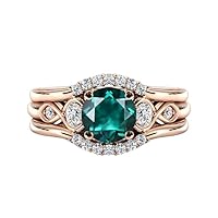 Antique Vintage Emerald Engagement Ring Set For Her 14K Gold Emerald 1 CT Art Deco Wedding Ring Set Round Cut Emerald Bridal Anniversary Ring Set