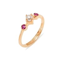 14k Rose Gold Cultured Pearl Ruby Womens Trilogy Ring - Sizes 4 to 12 Available
