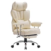 Desk Office Chair 400LBS, Big and Tall Office Chair, PU Leather Computer Chair, Executive Office Chair with Leg Rest and Lumbar Support, Beige Office Chair