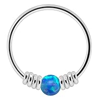 14K Solid White Gold Opal Stone with Double Spring Coil 22 Gauge (0.6mm) Hoop Nose Ring Piercing Jewelry