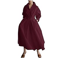 Cotton Linen Shirt Dress for Womens Pleated Button Long Dress Long Sleeve A-line Loose Swing Dress with Pockets