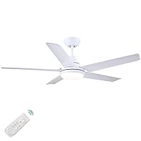 YUHAO 48 inch White Ceiling Fan with Light and Remote Control,Quiet Reversible Motor,Dimmable Tri-Color Temperatures LED. 5 Blades Modern Ceiling Fan for Indoor or Covered Outdoor Use.