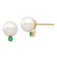 14k Gold 8 8.5mm White Round Freshwater Cultured Pearl Emerald Post Earrings Measures 10.88mm long Jewelry Gifts for Women