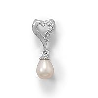 925 Sterling Silver Rhodium Plated Love Heart Slide With CZ and Cultured Freshwater Pearl Full Hanging Length Jewelry Gifts for Women
