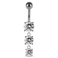 Triple Round CZ Crystal Stone Dangling 925 Sterling Silver Belly Ring Body Jewelry