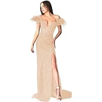 RYANTH Lace Appliques Prom Dresses with Feathers Off Shoulder Mermaid Formal Evening Ball Gowns with Slit RYQ9
