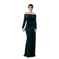 Women's Dress Off Shoulder Ruched Front Velvet Prom Dress Dress for Women (Color : Dark Green, Size : Small)