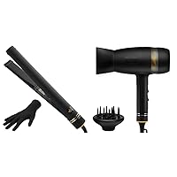 Hot Tools Pro Artist Black Gold Evolve Ionic Salon Hair Flat Iron | Long-Lasting Finish for Straightening Hair, (1 in) & Pro Artist Black Gold Quietair Power Dryer | Powerful Zen Drying Experience
