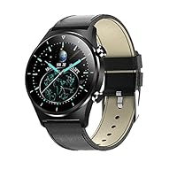 Smart Watch Men's IP68 Waterproof Full Touch Round Screen Multiple Sports Model Heart Rate Weather Smart Watch is Male,Benrenshangmao (Color : Leather Black Black)