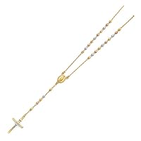 14k Yellow Gold White Gold and Rose Gold 4mm Celestial Moon Ball Rosary Necklace 26 Inch Jewelry for Women