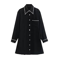 Women Rivet Appliques Single Breasted Black Mini Shirt Dress Office Lady Chic Pocket Patch A Line Vestidos
