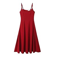 French Mid-Length Strap Dress for Women, Square Collar, Slim Waist, Black Long Dress, Size, Spring and Summer