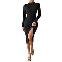 Womens Fall Fashion 2022 Mock Neck Ruched Split Thigh Dress (Color : Black, Size : Small)