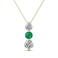 Round Emerald Diamond 7/8 ctw Graduated Three Stone Drop Pendant 16 Inches Chain 14K Gold