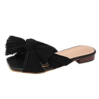 Women's Bow Flat Sandals Short Heels For Women Square Toe Satin Slip On Comfort Casual Vintage Spring Shoes