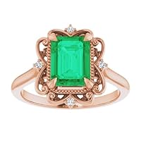 1 CT Vintage Inspired Emerald Cut Emerald Ring 14K Rose Gold, Victorian Genuine Emerald Diamond Ring, Filigree Green Emerald Engagement Ring, Dress Matching Ring