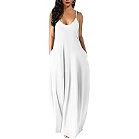 Womens Casual Sleeveless Plus Size Loose Plain Long Maxi Dress with Pockets