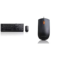 Lenovo 300 USB Combo, Full-Size Wired Keyboard & Mouse, Ergonomic, Left or Right Hand Mouse, Optical Mouse, GX30M39606, Black & GX30M39704 300 - Mouse - Right and Left-Handed - Wired - USB