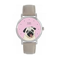 Beige Pug Head Dog Watch Ladies 38mm Case 3atm Water Resistant Custom Designed Quartz Movement Luxury Fashionable