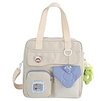 Kawaii Canvas Crossbody Bag with Cute Pins and Pendent Casual Shoulder Messenger Bag White