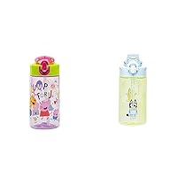 Zak Designs Peppa Pig and Bluey Kids 16oz Water Bottles With Straw, Handle, Leak-Proof Lid, and Spout Cover