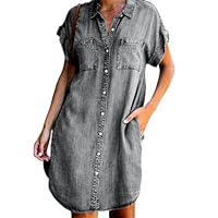 Women's Summer Denim Short Sleeve Button Down Dresses Casual Jean Plus Size Tunic Top with Pockets