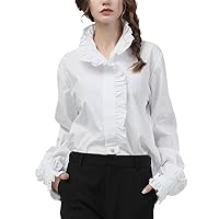 Ruffles Women White Cotton Shirts Flared Long Sleeve Autumn Tops Loose Plus Size Office Ladies Korean Blouses