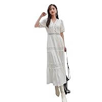 Women's Dress Spring Hollow Button V Neck Lantern Sleeve White Long Dresses Casual Holiday Vestidos