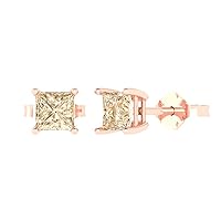 1.0 ct Princess Cut Solitaire Real Brown Morganite Pair of Stud Everyday Earrings 18K Pink Rose Gold Butterfly Push Back