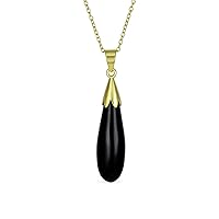 Classic Simplistic Semi Precious Black Blue Green Gemstone Turquoise Onyx Jade Elongated Teardrop Shaped Dangle Pendant Necklace Western Jewelry For Women 14KGold Plated.925 Sterling Silver