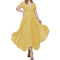 Lace Mother of The Bride Dresses for Wedding Tea Length Short Sleeve Ruffle Chiffon Formal Evening Gowns