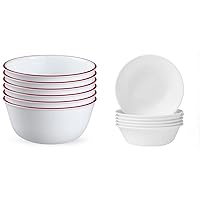Glass 28oz Red Band Bowl 6pk & Cereal Bowl Set for 6 | 18 Ounce Reusable Soup Bowls in Winter Frost White, Dishwasher and Microwave Safe