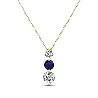 Round Blue Sapphire Natural Diamond 1/2 ctw Graduated Three Stone Drop Pendant. Included 16 Inches Chain 18K Gold