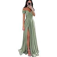 Womens Off Shoulder Prom Dresses Silk Satin Long Formal Wedding Guest Party Gowns Dress with Slit
