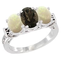 10K White Gold Natural Smoky Topaz & Opal Sides Ring 3-Stone Oval Diamond Accent, Sizes 5-10